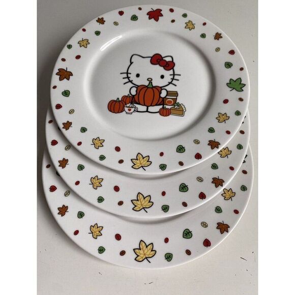 Set Of 3 Hello Kitty Harvest Fall SALAD DESSERT PLATE Autumn Leaves Ceramic NEW - Picture 1 of 11